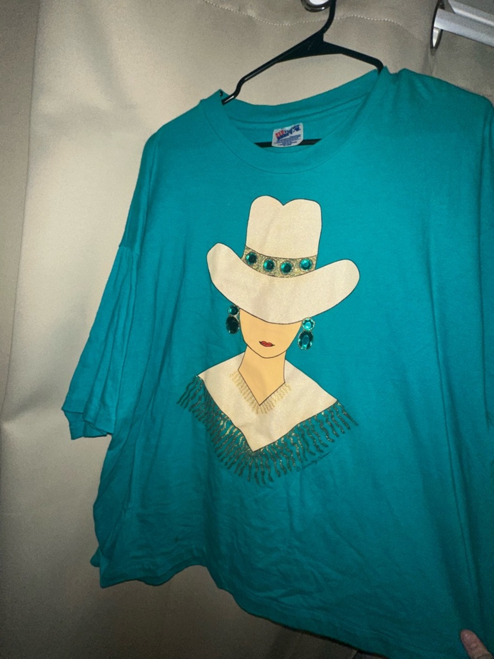 VTG 1990s bedazzled cowgirl t-shirt gold and green lipstick lady women’s XXL
